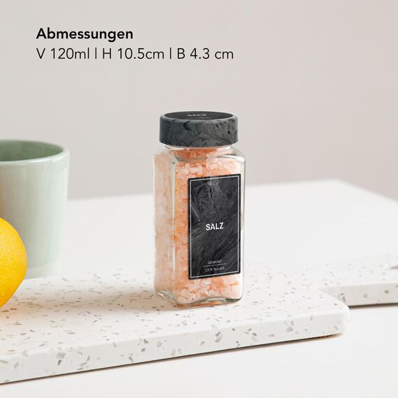 Greeano Gewürzgläser Set [24 x 120ml] mit 300 Gewürzetiketten [DE] - Gewürze Aufbewahrung mit Streueinsatz - Gewürzdosen Glas - Gewürzbehälter Glas - Gewürz Organizer - Spice Jars Midnight