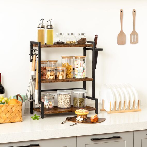 HOOBRO Gewürzregal, Küchenregal mit 3 Haken, Gewürzständer mit Messerhalter, Schreibtisch Organizer, Verstellbare Füße, für Esszimmer, Küchen, Badezimmer, Dunkelbraun-Schwarz, EBF01TL01