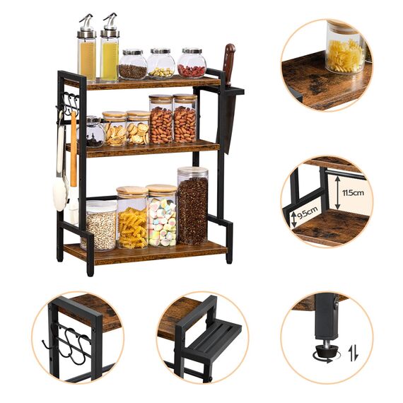HOOBRO Gewürzregal, Küchenregal mit 3 Haken, Gewürzständer mit Messerhalter, Schreibtisch Organizer, Verstellbare Füße, für Esszimmer, Küchen, Badezimmer, Dunkelbraun-Schwarz, EBF01TL01