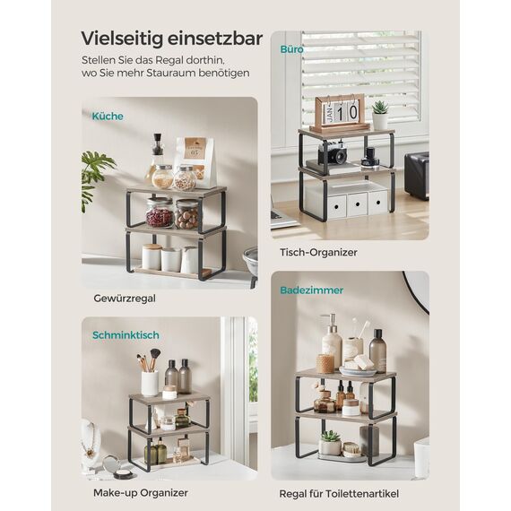 SONGMICS Gewürzregal, 4er Set, Küchenregal, Küchen-Organizer, erweiterbar, Gewürzhalter, stapelbar, mit Metallrahmen, 19,5 x 29,7 x 15,8 cm, tintenschwarz-greige meliert KCS021X02