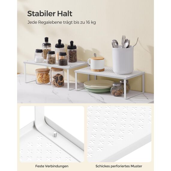 SONGMICS Gewürzregal, 2er Set, Küchenregal, Küchen-Organizer, Küche, Gewürzhalter, erweiterbar, stapelbar, kleines Regal, Metall, weiß KCS401W01