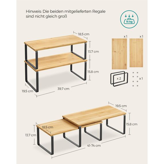 SONGMICS Gewürzregal, 4er Set, Küchenregal, Küchen-Organizer, erweiterbar, Gewürzhalter, stapelbar, mit Metallrahmen, ‎19,5 x 39,7 x 15,8 cm, tintenschwarz-naturbeige KCS210B01