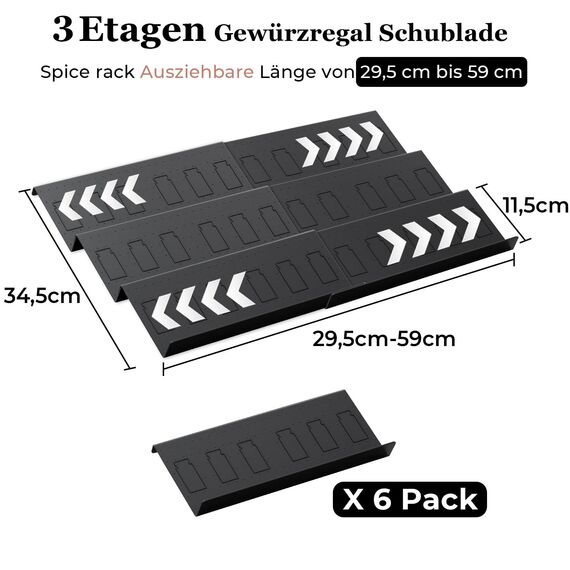 Famhap Gewürzregal Schublade 6PCS, Gewürz Organizer Schublade von 29,5cm bis 59cm Ausziehbar, Gewürzeinsatz Schublade Matte Textur, Gewürzhalter mit Rutschfesten Noppen