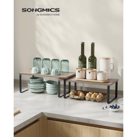 SONGMICS Gewürzregal, 4er Set, Küchenregal, Küchen-Organizer, erweiterbar, Gewürzhalter, stapelbar, mit Metallrahmen, ‎19,5 x 39,7 x 15,8 cm, tintenschwarz-greige meliert KCS022X02