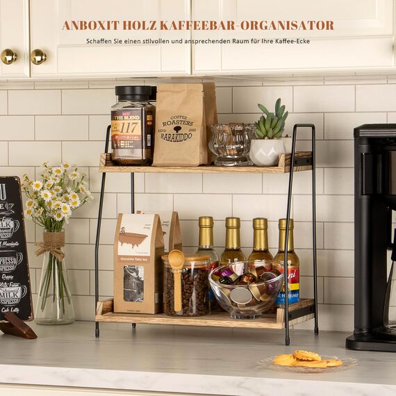 ANBOXIT Kaffee Organizer, Küchen Organizer Holz, Küchenregal Arbeitsplatte, 2 Tier Kaffeebar Regal für Küche, Zuhause, Büro - Braun