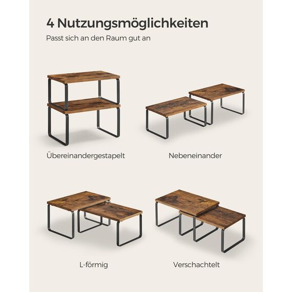 SONGMICS Gewürzregal, 4er Set, Küchenregal, Küchen-Organizer, erweiterbar, Gewürzhalter, stapelbar, mit Metallrahmen, 19,5 x 29,7 x 15,8 cm, tintenschwarz-vintagebraun KCS021X01