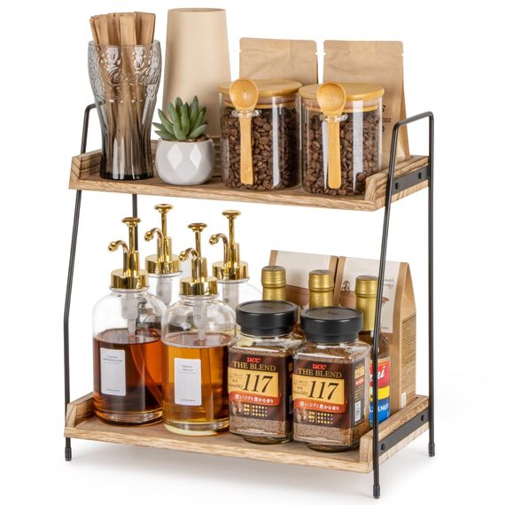 ANBOXIT Kaffee Organizer, Küchen Organizer Holz, Küchenregal Arbeitsplatte, 2 Tier Kaffeebar Regal für Küche, Zuhause, Büro - Braun