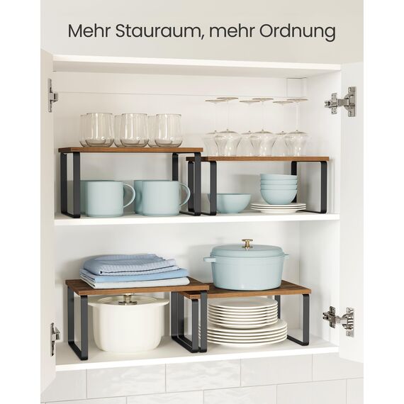 SONGMICS Gewürzregal, 4er Set, Küchenregal, Küchen-Organizer, erweiterbar, Gewürzhalter, stapelbar, mit Metallrahmen, 19,5 x 29,7 x 15,8 cm, tintenschwarz-vintagebraun KCS021X01