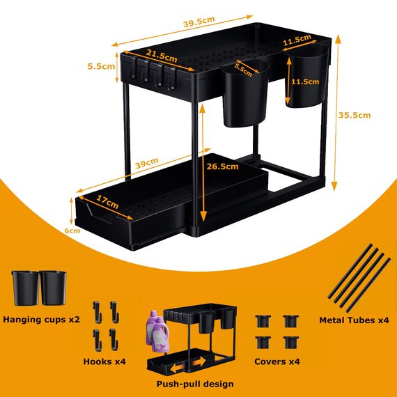 AIXPI Küchen Organizer 2 Etagen, Unter Waschbecken Regal mit Haken und Tasse Gewürzregal Spülschrank Organizer Küchenregal Schrank Organizer für Badezimmer Küche Schwarz