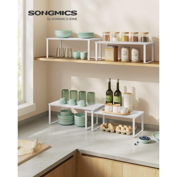 SONGMICS Gewürzregal, 4er Set, Küchenregal, Küchen-Organizer, erweiterbar, Gewürzhalter, stapelbar, mit Metallrahmen, ‎19,5 x 39,7 x 15,8 cm, wolkenweiß-schneeweiß KCS028W01