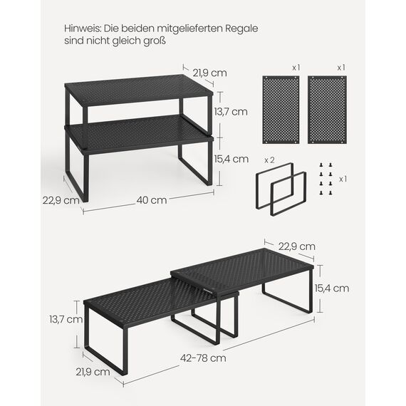 SONGMICS Gewürzregal, 2er Set, Küchenregal, Küchen-Organizer, Küche, Gewürzhalter, erweiterbar, stapelbar, kleines Regal, Metall, tintenschwarz KCS401B01