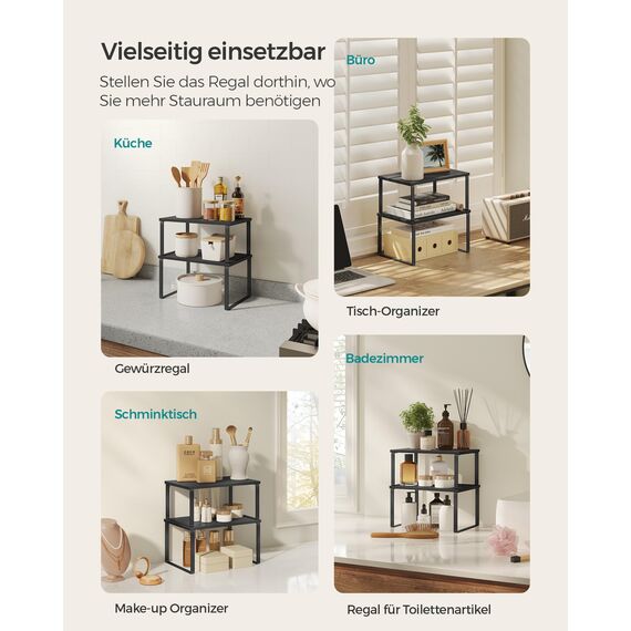 SONGMICS Gewürzregal, 4er Set, Küchenregal, Küchen-Organizer, erweiterbar, Gewürzhalter, stapelbar, mit Metallrahmen, 19,5 x 29,7 x 15,8 cm, tintenschwarz-ebenholzschwarz KCS027B01