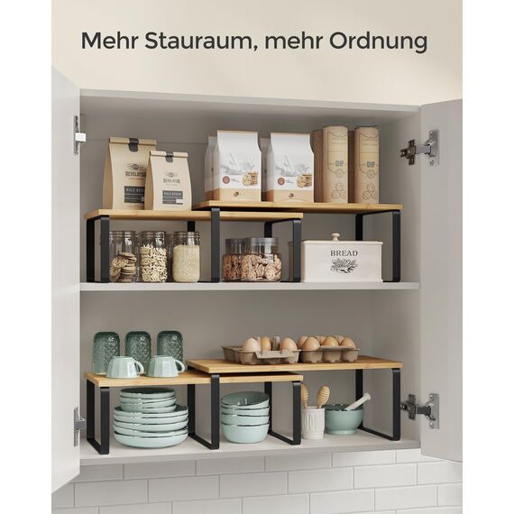 SONGMICS Gewürzregal, 4er Set, Küchenregal, Küchen-Organizer, erweiterbar, Gewürzhalter, stapelbar, mit Metallrahmen, ‎19,5 x 39,7 x 15,8 cm, tintenschwarz-naturbeige KCS210B01