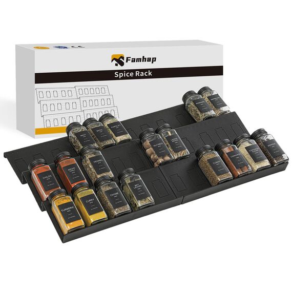 Famhap Gewürzregal Schublade 6PCS, Gewürz Organizer Schublade von 29,5cm bis 59cm Ausziehbar, Gewürzeinsatz Schublade Matte Textur, Gewürzhalter mit Rutschfesten Noppen