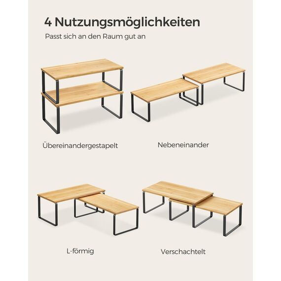 SONGMICS Gewürzregal, 4er Set, Küchenregal, Küchen-Organizer, erweiterbar, Gewürzhalter, stapelbar, mit Metallrahmen, ‎19,5 x 39,7 x 15,8 cm, tintenschwarz-naturbeige KCS210B01