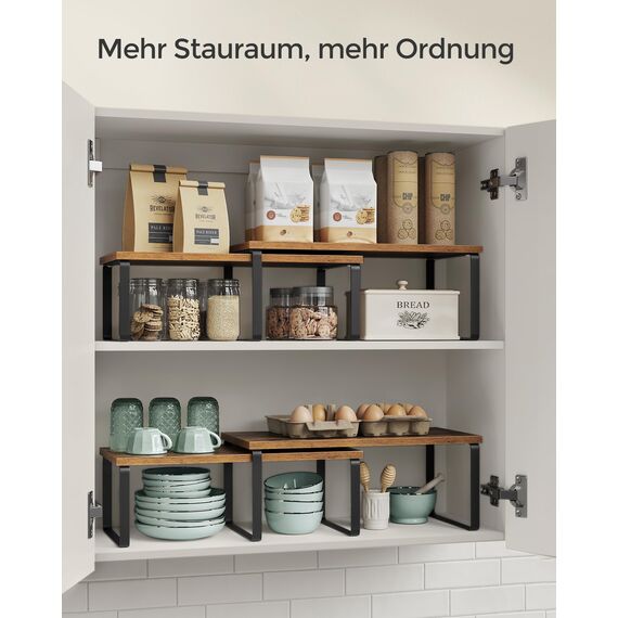 SONGMICS Gewürzregal, 4er Set, Küchenregal, Küchen-Organizer, erweiterbar, Gewürzhalter, stapelbar, mit Metallrahmen, ‎19,5 x 39,7 x 15,8 cm, tintenschwarz-vintagebraun KCS022X01