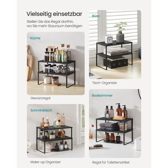 SONGMICS Gewürzregal, 2er Set, Küchenregal, Küchen-Organizer, Küche, Gewürzhalter, erweiterbar, stapelbar, kleines Regal, Metall, tintenschwarz KCS401B01