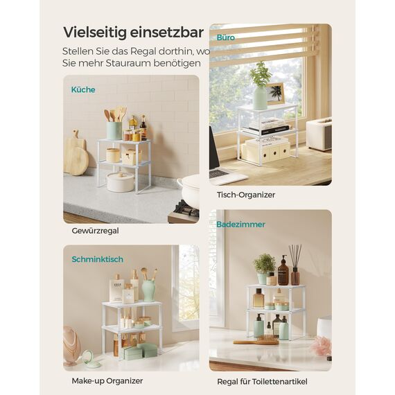 SONGMICS Gewürzregal, 4er Set, Küchenregal, Küchen-Organizer, erweiterbar, Gewürzhalter, stapelbar, mit Metallrahmen, 19,5 x 29,7 x 15,8 cm, wolkenweiß-schneeweiß KCS027W01