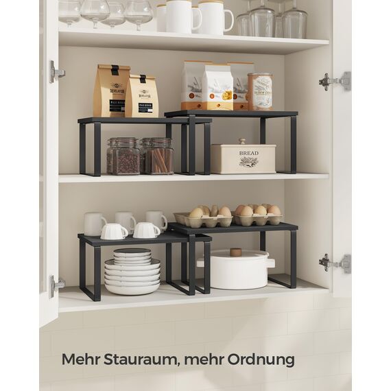 SONGMICS Gewürzregal, 4er Set, Küchenregal, Küchen-Organizer, erweiterbar, Gewürzhalter, stapelbar, mit Metallrahmen, 19,5 x 29,7 x 15,8 cm, tintenschwarz-ebenholzschwarz KCS027B01