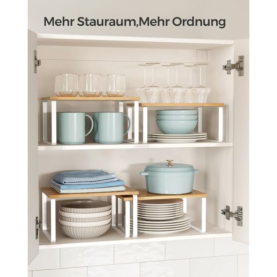 SONGMICS Gewürzregal, 4er Set, Küchenregal, Küchen-Organizer, erweiterbar, Gewürzhalter, stapelbar, mit Metallrahmen, 19,5 x 29,7 x 15,8 cm, wolkenweiß-naturbeige KCS010N01