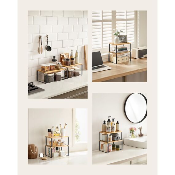 SONGMICS Gewürzregal, 4er Set, Küchenregal, Küchen-Organizer, erweiterbar, Gewürzhalter, stapelbar, mit Metallrahmen, 19,5 x 29,7 x 15,8 cm, tintenschwarz-naturbeige KCS10NB