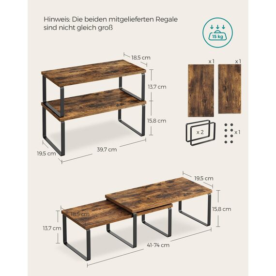 SONGMICS Gewürzregal, 4er Set, Küchenregal, Küchen-Organizer, erweiterbar, Gewürzhalter, stapelbar, mit Metallrahmen, ‎19,5 x 39,7 x 15,8 cm, tintenschwarz-vintagebraun KCS022X01