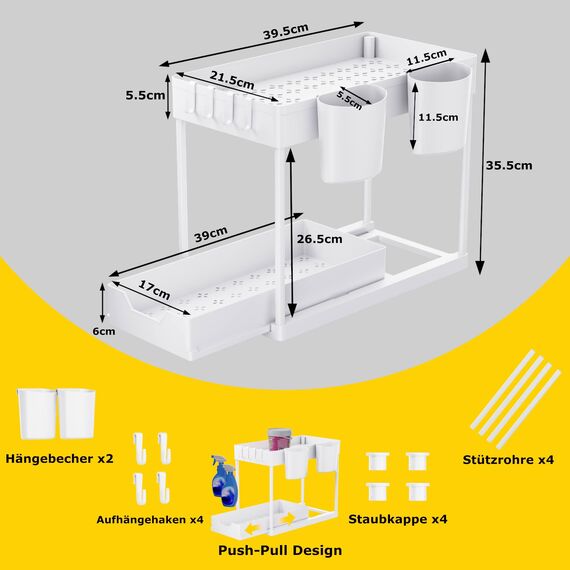 AIXPI Küchen Organizer 2 Etagen, Unter Waschbecken Regal mit Haken und Tasse Gewürzregal Spülschrank Organizer Küchenregal Schrank Organizer für Badezimmer Küche Weiss