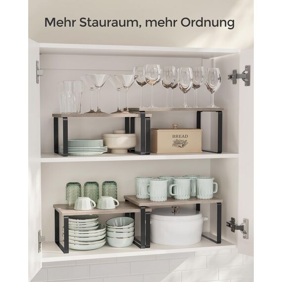 SONGMICS Gewürzregal, 4er Set, Küchenregal, Küchen-Organizer, erweiterbar, Gewürzhalter, stapelbar, mit Metallrahmen, 19,5 x 29,7 x 15,8 cm, tintenschwarz-greige meliert KCS021X02