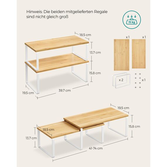 SONGMICS Gewürzregal, 4er Set, Küchenregal, Küchen-Organizer, erweiterbar, Gewürzhalter, stapelbar, mit Metallrahmen, ‎19,5 x 39,7 x 15,8 cm, wolkenweiß-naturbeige KCS210W01