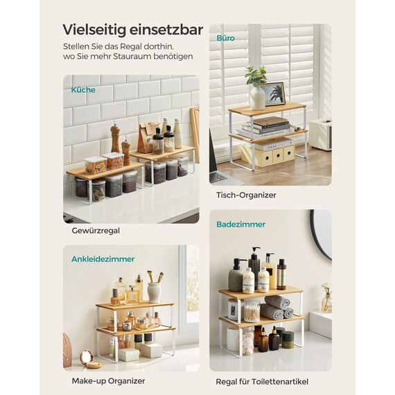 SONGMICS Gewürzregal, 4er Set, Küchenregal, Küchen-Organizer, erweiterbar, Gewürzhalter, stapelbar, mit Metallrahmen, ‎19,5 x 39,7 x 15,8 cm, wolkenweiß-naturbeige KCS210W01