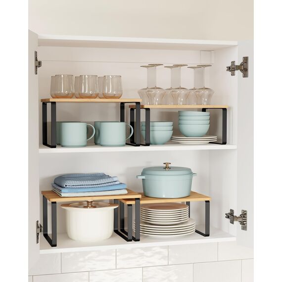 SONGMICS Gewürzregal, 4er Set, Küchenregal, Küchen-Organizer, erweiterbar, Gewürzhalter, stapelbar, mit Metallrahmen, 19,5 x 29,7 x 15,8 cm, tintenschwarz-naturbeige KCS10NB