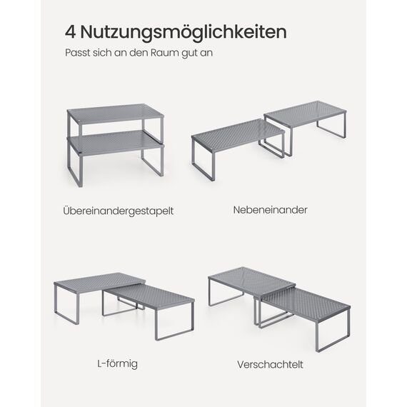 SONGMICS Gewürzregal, 2er Set, Küchenregal, Küchen-Organizer, Küche, Gewürzhalter, erweiterbar, stapelbar, kleines Regal, Metall, silbern KCS401G01