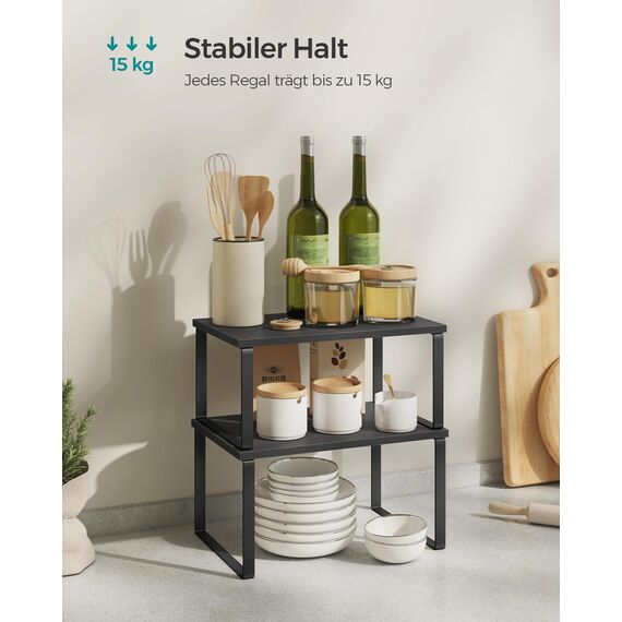 SONGMICS Gewürzregal, 4er Set, Küchenregal, Küchen-Organizer, erweiterbar, Gewürzhalter, stapelbar, mit Metallrahmen, 19,5 x 29,7 x 15,8 cm, tintenschwarz-ebenholzschwarz KCS027B01