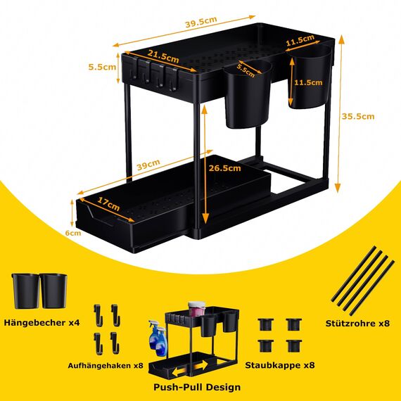 AIXPI Küchen Organizer 2 Etagen, Unter Waschbecken Regal mit Haken und Tasse Gewürzregal Spülschrank Organizer Küchenregal Schrank Organizer für Badezimmer Küche Schwarz 2 Set