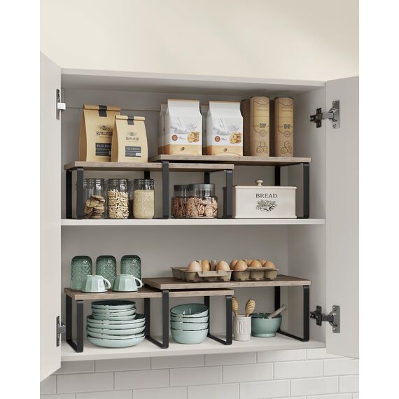 SONGMICS Gewürzregal, 4er Set, Küchenregal, Küchen-Organizer, erweiterbar, Gewürzhalter, stapelbar, mit Metallrahmen, ‎19,5 x 39,7 x 15,8 cm, tintenschwarz-greige meliert KCS022X02