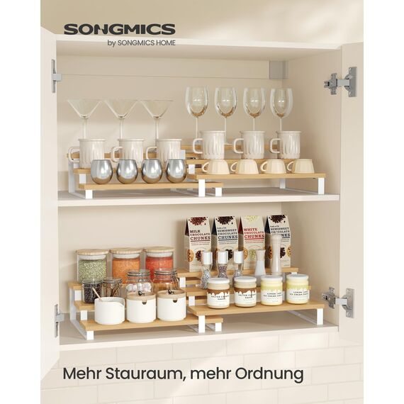 SONGMICS Gewürzregale, Küchenregale stehend, Küchen-Organizer, 2er Set, Holzwerkstoff, je 3 Ablagen, ausziehbar, stapelbar, für Speisekammer, Arbeitsplatte, naturbeige-wolkenweiß KCS016N02