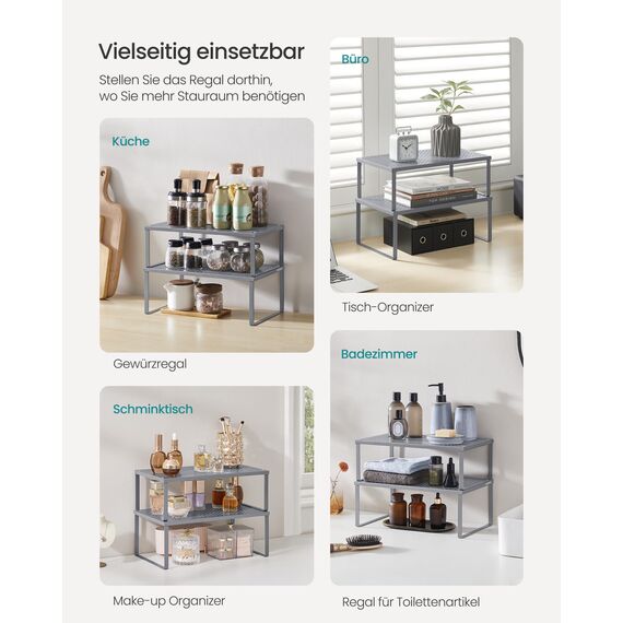SONGMICS Gewürzregal, 2er Set, Küchenregal, Küchen-Organizer, Küche, Gewürzhalter, erweiterbar, stapelbar, kleines Regal, Metall, silbern KCS401G01