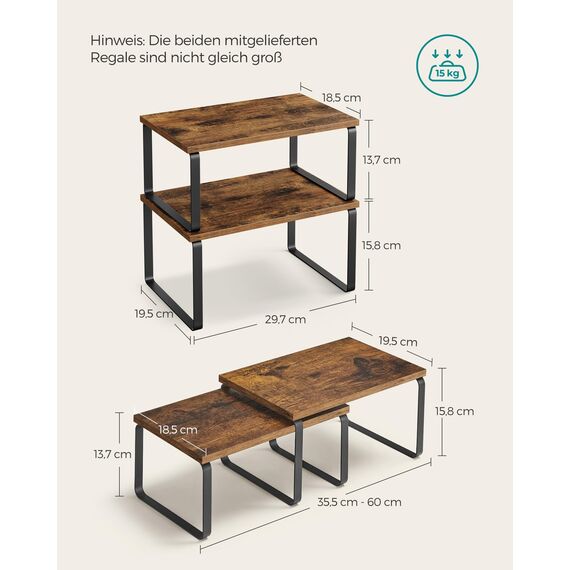 SONGMICS Gewürzregal, 4er Set, Küchenregal, Küchen-Organizer, erweiterbar, Gewürzhalter, stapelbar, mit Metallrahmen, 19,5 x 29,7 x 15,8 cm, tintenschwarz-vintagebraun KCS021X01