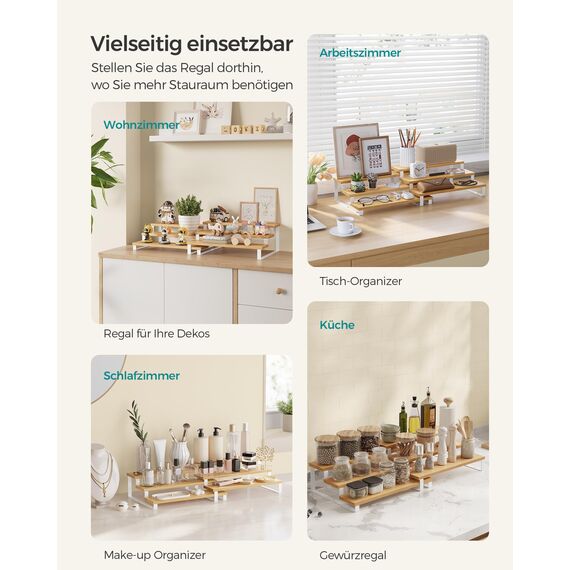 SONGMICS Gewürzregale, Küchenregale stehend, Küchen-Organizer, 2er Set, Holzwerkstoff, je 3 Ablagen, ausziehbar, stapelbar, für Speisekammer, Arbeitsplatte, naturbeige-wolkenweiß KCS016N02