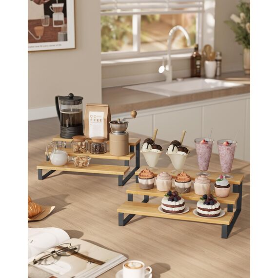 SONGMICS Gewürzregale, Küchenregale stehend, Küchen-Organizer, 2er Set, Holzwerkstoff, je 3 Ablagen, ausziehbar, stapelbar, für Speisekammer, Arbeitsplatte, naturbeige-tintenschwarz KCS016N01