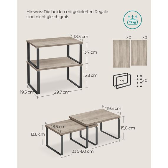 SONGMICS Gewürzregal, 4er Set, Küchenregal, Küchen-Organizer, erweiterbar, Gewürzhalter, stapelbar, mit Metallrahmen, 19,5 x 29,7 x 15,8 cm, tintenschwarz-greige meliert KCS021X02