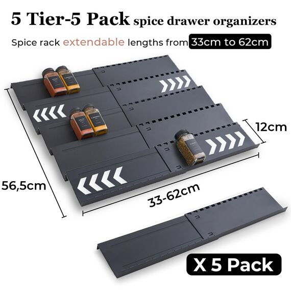 Homhut Gewürzregal Schublade 5 Etagen, Gewürz Organizer Schublade, Gewürz Schubladeneinsatz, Schubladen Ordnungssystem von 33cm bis 62cm, Organizer für Küche, Arbeitsfläche, Schrank, Regal