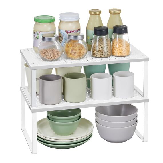 SONGMICS Gewürzregal, 2er Set, Küchenregal, Küchen-Organizer, Küche, Gewürzhalter, erweiterbar, stapelbar, kleines Regal, Metall, weiß KCS401W01