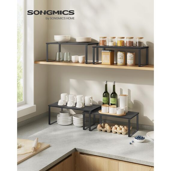SONGMICS Gewürzregal, 4er Set, Küchenregal, Küchen-Organizer, erweiterbar, Gewürzhalter, stapelbar, mit Metallrahmen, ‎19,5 x 39,7 x 15,8 cm, tintenschwarz-ebenholzschwarz KCS028B01