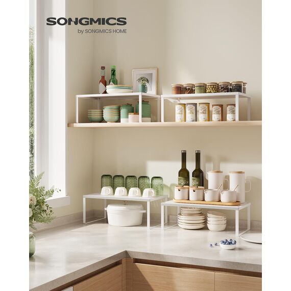 SONGMICS Gewürzregal, 2er Set, Küchenregal, Küchen-Organizer, Küche, Gewürzhalter, erweiterbar, stapelbar, kleines Regal, Metall, weiß KCS401W01