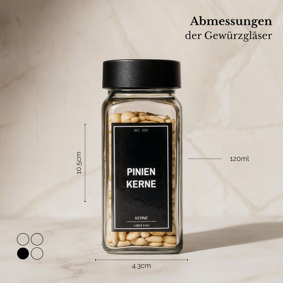 Greeano Gewürzgläser Set [24 x 120ml] mit 300 Gewürzetiketten [DE] - Gewürze Aufbewahrung mit Streueinsatz - Gewürzdosen Glas - Gewürzbehälter Glas - Gewürz Organizer - Spice Jars Obsidian