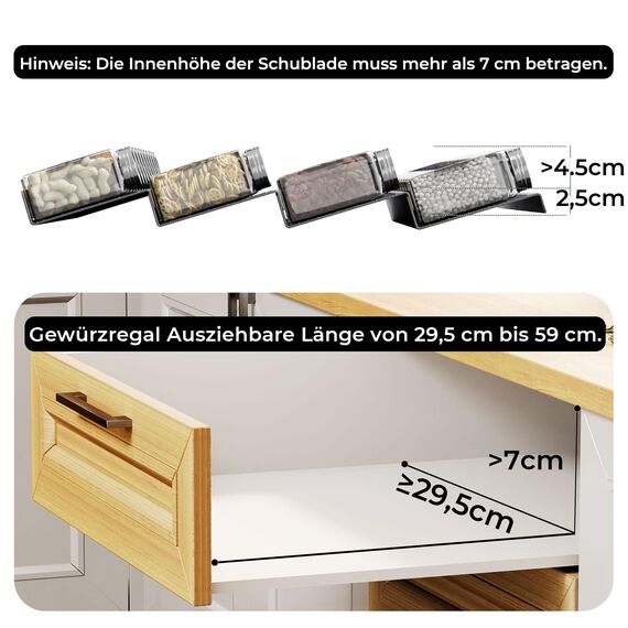 Famhap Gewürzregal Schublade 6PCS, Gewürz Organizer Schublade von 29,5cm bis 59cm Ausziehbar, Gewürzeinsatz Schublade Matte Textur, Gewürzhalter mit Rutschfesten Noppen
