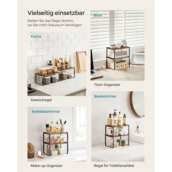 SONGMICS Gewürzregal, 4er Set, Küchenregal, Küchen-Organizer, erweiterbar, Gewürzhalter, stapelbar, mit Metallrahmen, 19,5 x 29,7 x 15,8 cm, tintenschwarz-vintagebraun KCS021X01