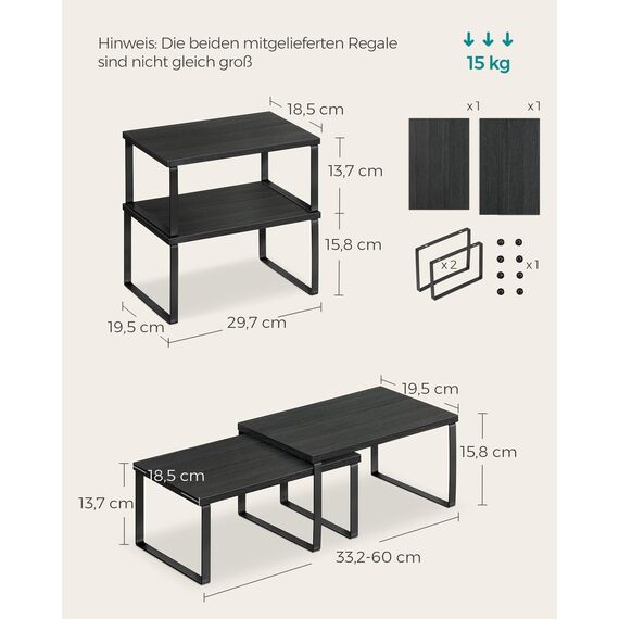 SONGMICS Gewürzregal, 4er Set, Küchenregal, Küchen-Organizer, erweiterbar, Gewürzhalter, stapelbar, mit Metallrahmen, 19,5 x 29,7 x 15,8 cm, tintenschwarz-ebenholzschwarz KCS027B01