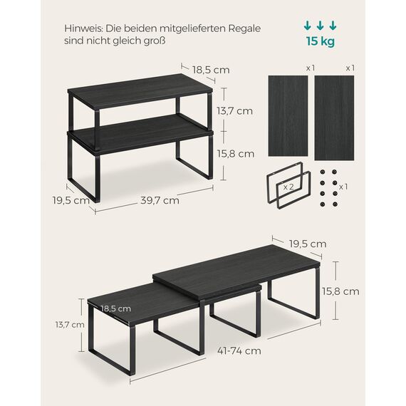 SONGMICS Gewürzregal, 4er Set, Küchenregal, Küchen-Organizer, erweiterbar, Gewürzhalter, stapelbar, mit Metallrahmen, ‎19,5 x 39,7 x 15,8 cm, tintenschwarz-ebenholzschwarz KCS028B01